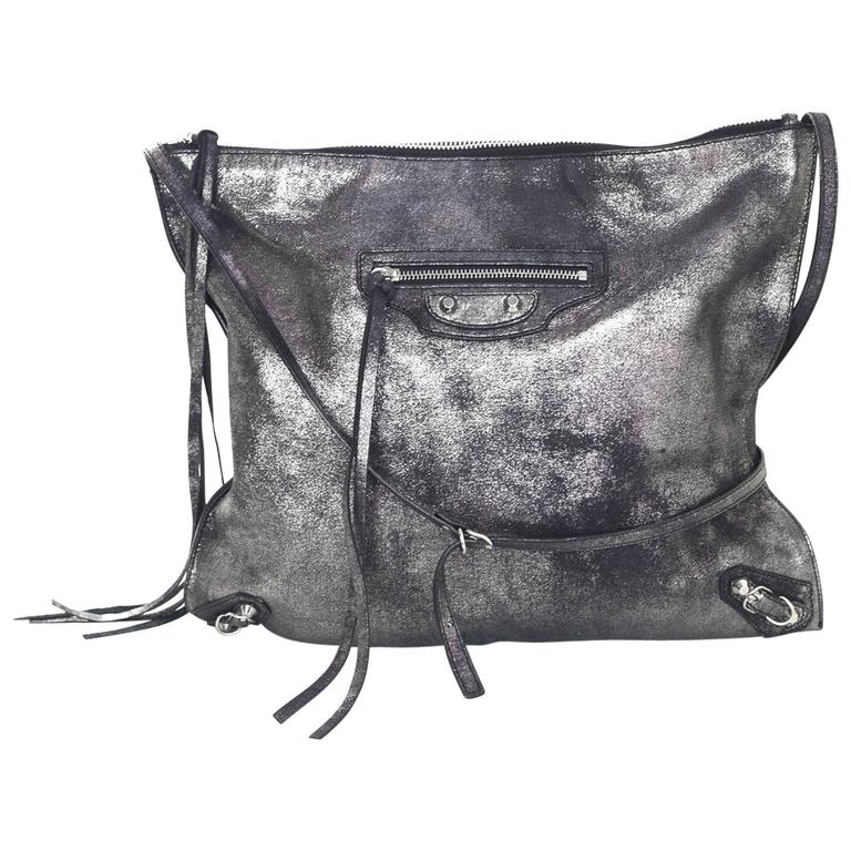 Balenciaga Distressed Metallic Silver Leather Crossbody Bag For Sale at 1stdibs