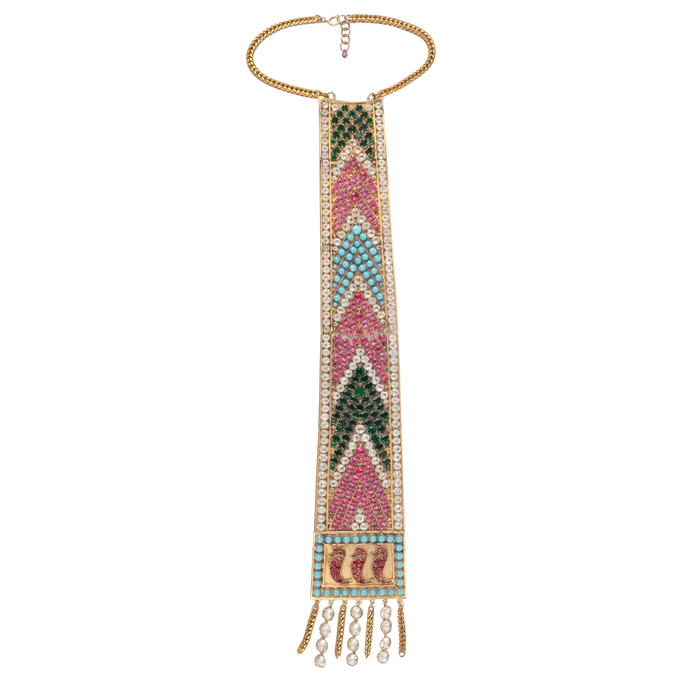 Theater Golden Metal Drama Necklace, 1930s For Sale