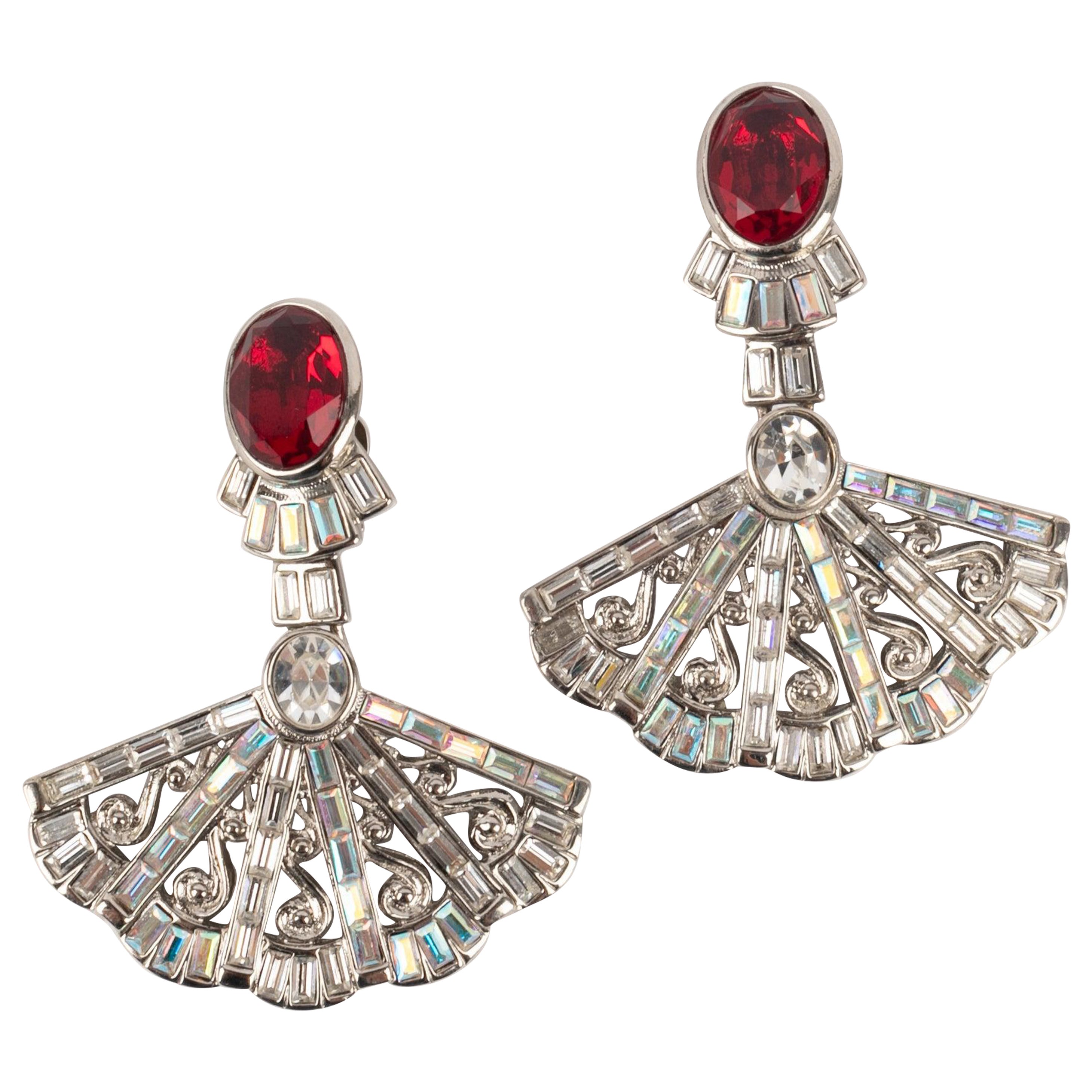 Yves Saint Laurent Silvery metal Clip-On Earrings with Rhinestones For Sale