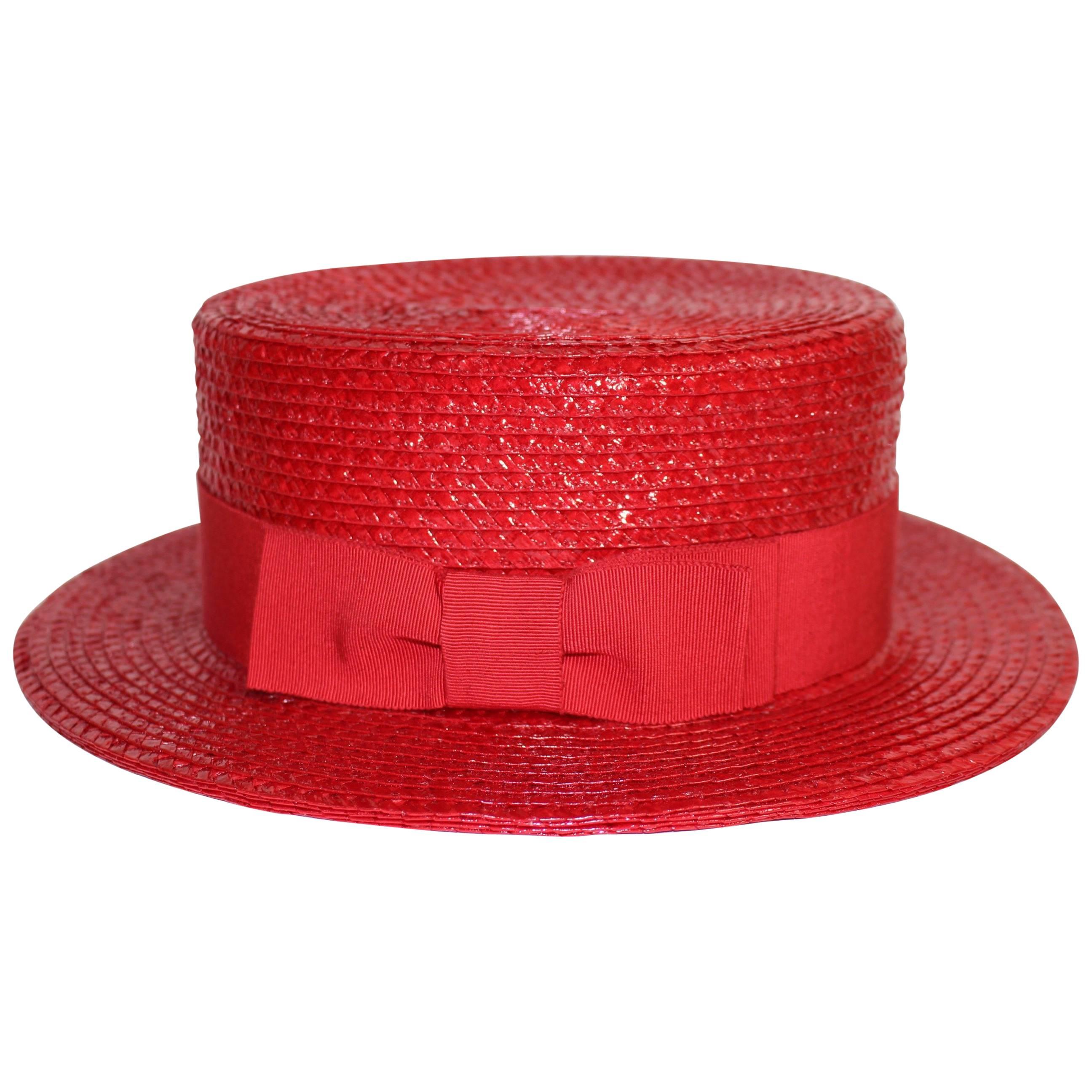 1990s Givenchy Red Straw Boater Grosgrain Bow Hat