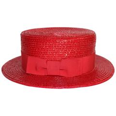 Vintage 1990s Givenchy Red Straw Boater Grosgrain Bow Hat