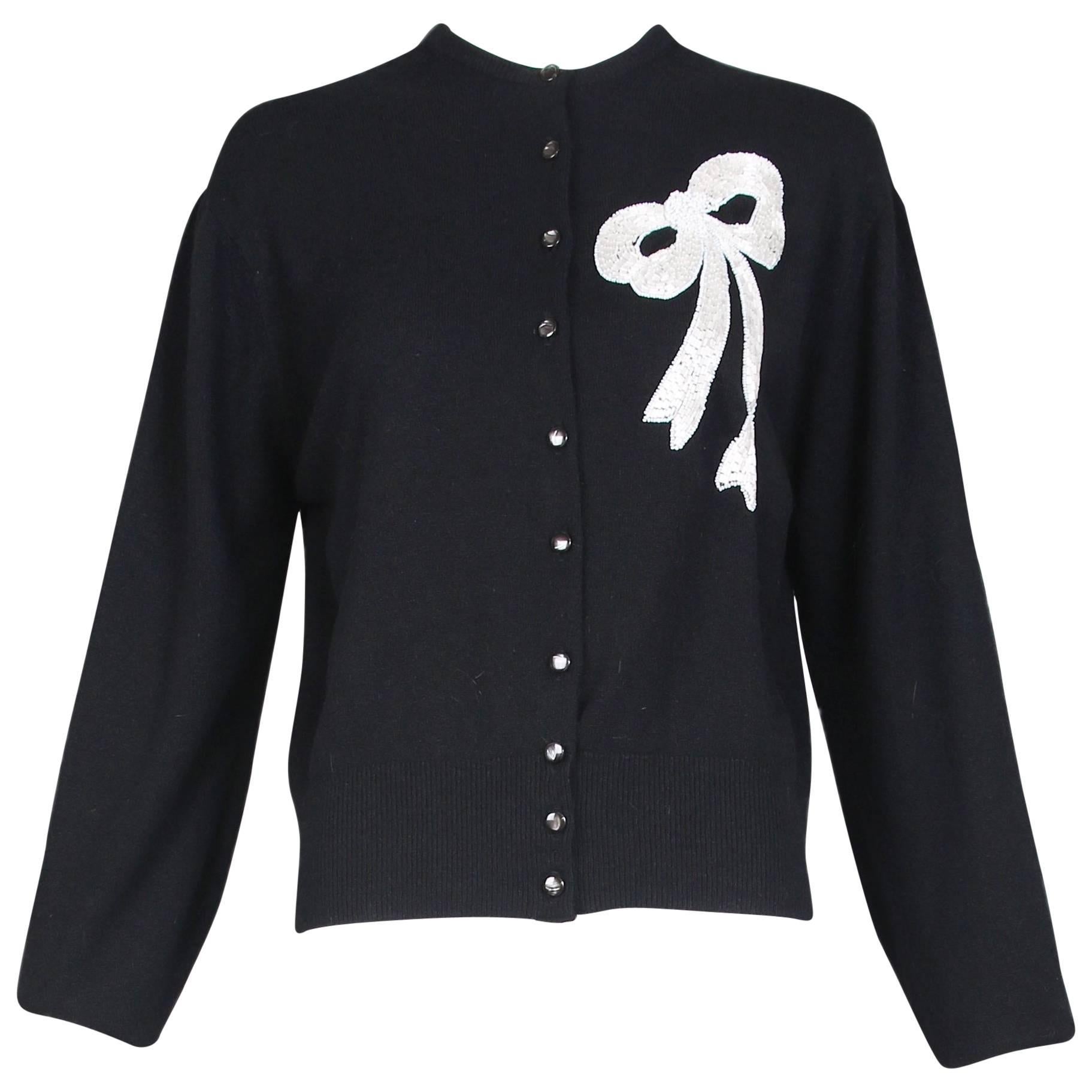 Vintage Schiaparelli Black Cashmere Cardigan Sweater W/Beaded Bow 