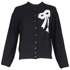 Vintage Schiaparelli Black Cashmere Cardigan Sweater W/Beaded Bow