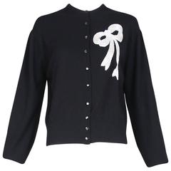 Retro Schiaparelli Black Cashmere Cardigan Sweater W/Beaded Bow 