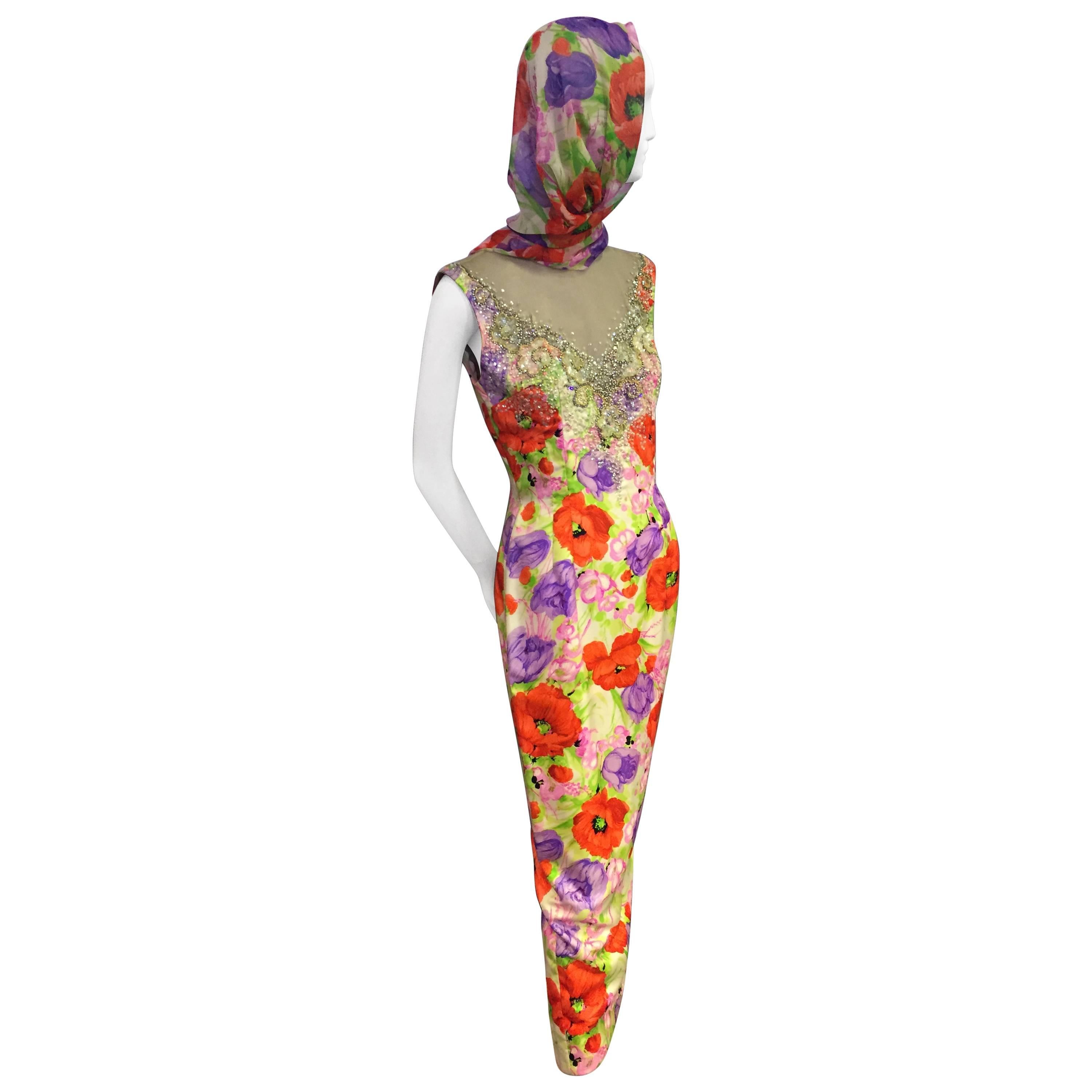 Incredible 1960s Mr. Blackwell Poppy Print Silk Gown w Jeweled Neck & Foulard