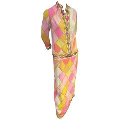 1960s Emilio Pucci Harlequin Print Evening Skirt and Cardigan w Jeweled Trim