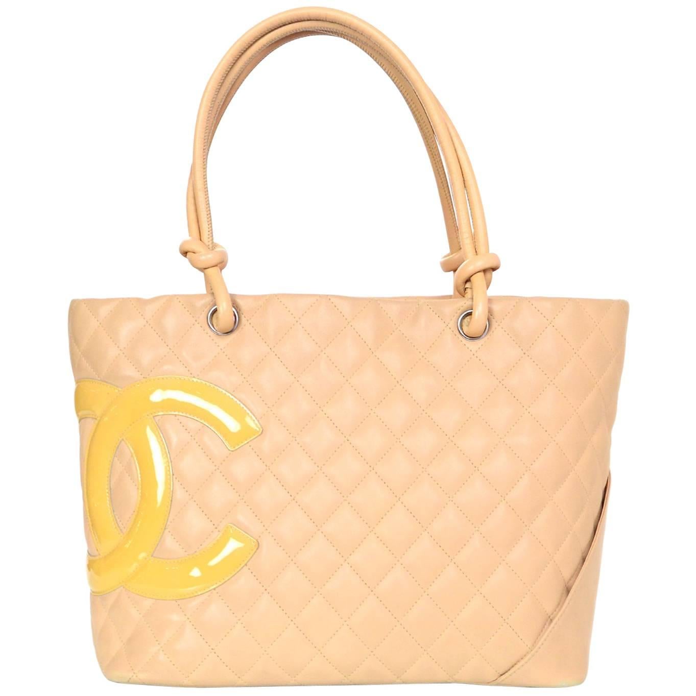 Chanel Beige Leather Quilted CC Cambon Tote Bag