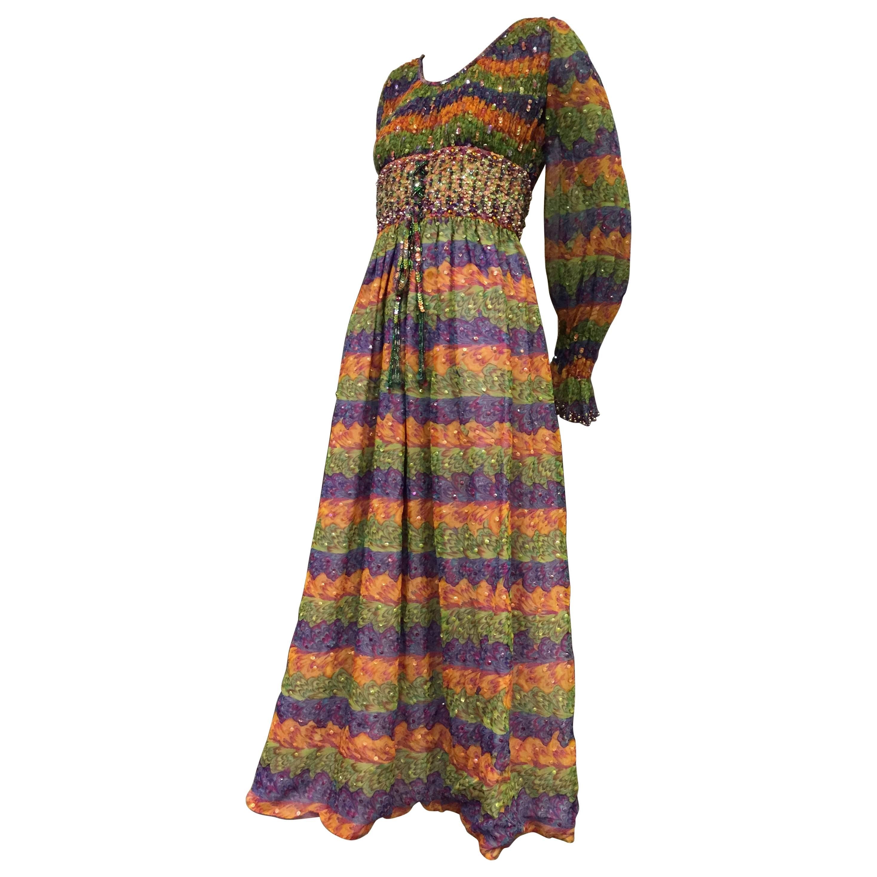 1970s Valentina Marble Print Tiered and Sequin Embellished "Peasant" Style Dress