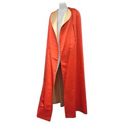1950s Vivid Coral and Cream Reversible Silk-Satin Floor-Length Opera Cape 5