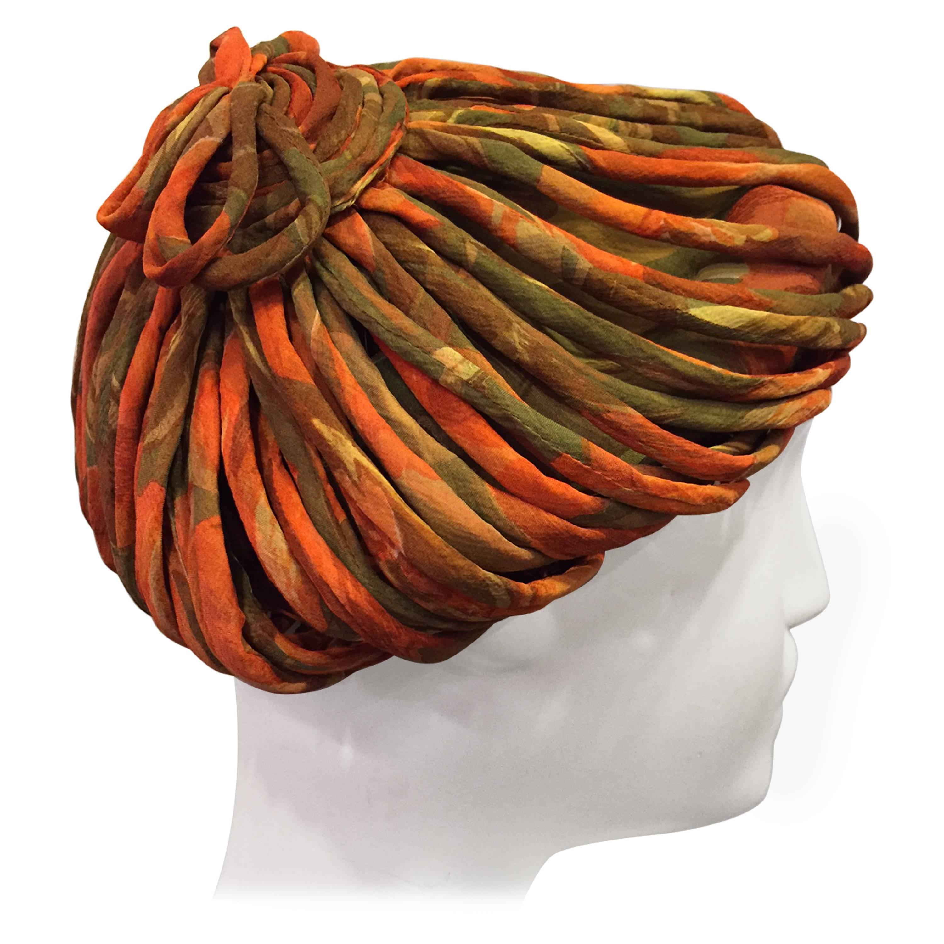 1950s James Galanos Autumnal Silk Chiffon Beret-Style Hat w Bias Cording