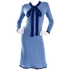 1970s Adolfo for Saks 5th Ave. Blue Knit Nautical Vintage 70s Pussycat Bow Dress 1