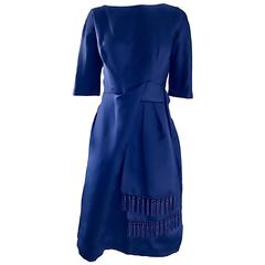 Spectacular 1950s Demi Couture Navy Blue Silk Vintage Dress w/ Tassel Details