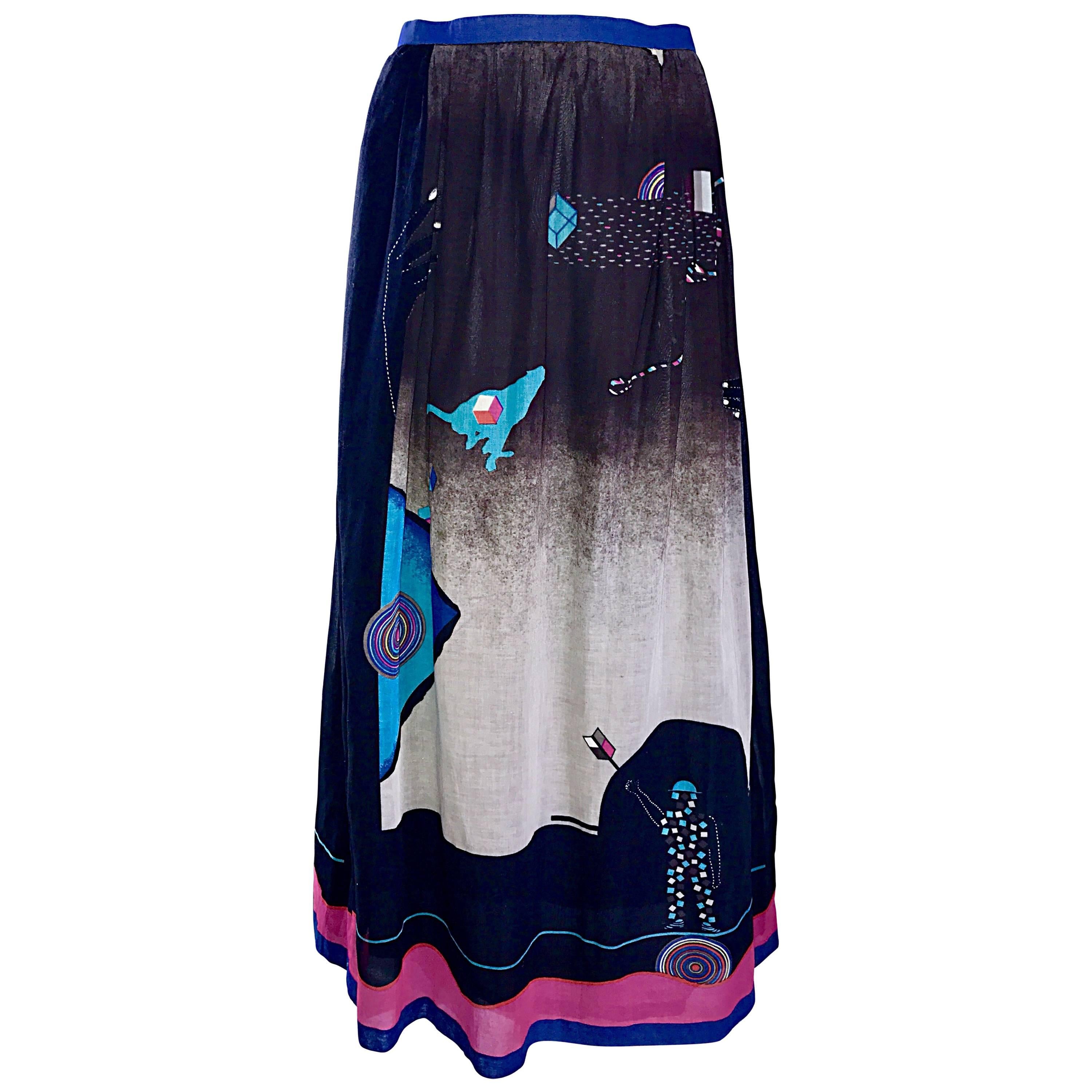 Rare 1970s Hanae Mori Surrealist Futuristic Print Vintage 70s Maxi Skirt  For Sale at 1stDibs