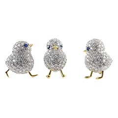 Vintage 3 Bird Chicks Sparkling Crystal Golden Brooch Pins