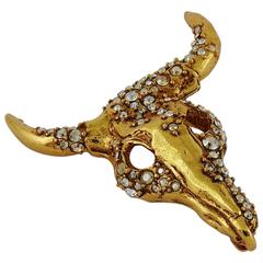 Christian Lacroix Vintage Jewelled Gold Toned Ox Skull Brooch