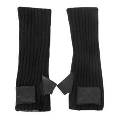 Chanel Long Black Cashmere Mittens Gloves with Quilted Lamb Leather