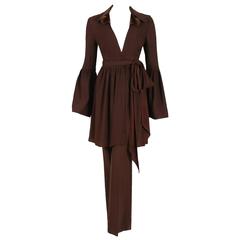 1971 Ossie Clark Brown Moss-Crepe & Satin Bell-Sleeve Plunge Dress Pant Suit