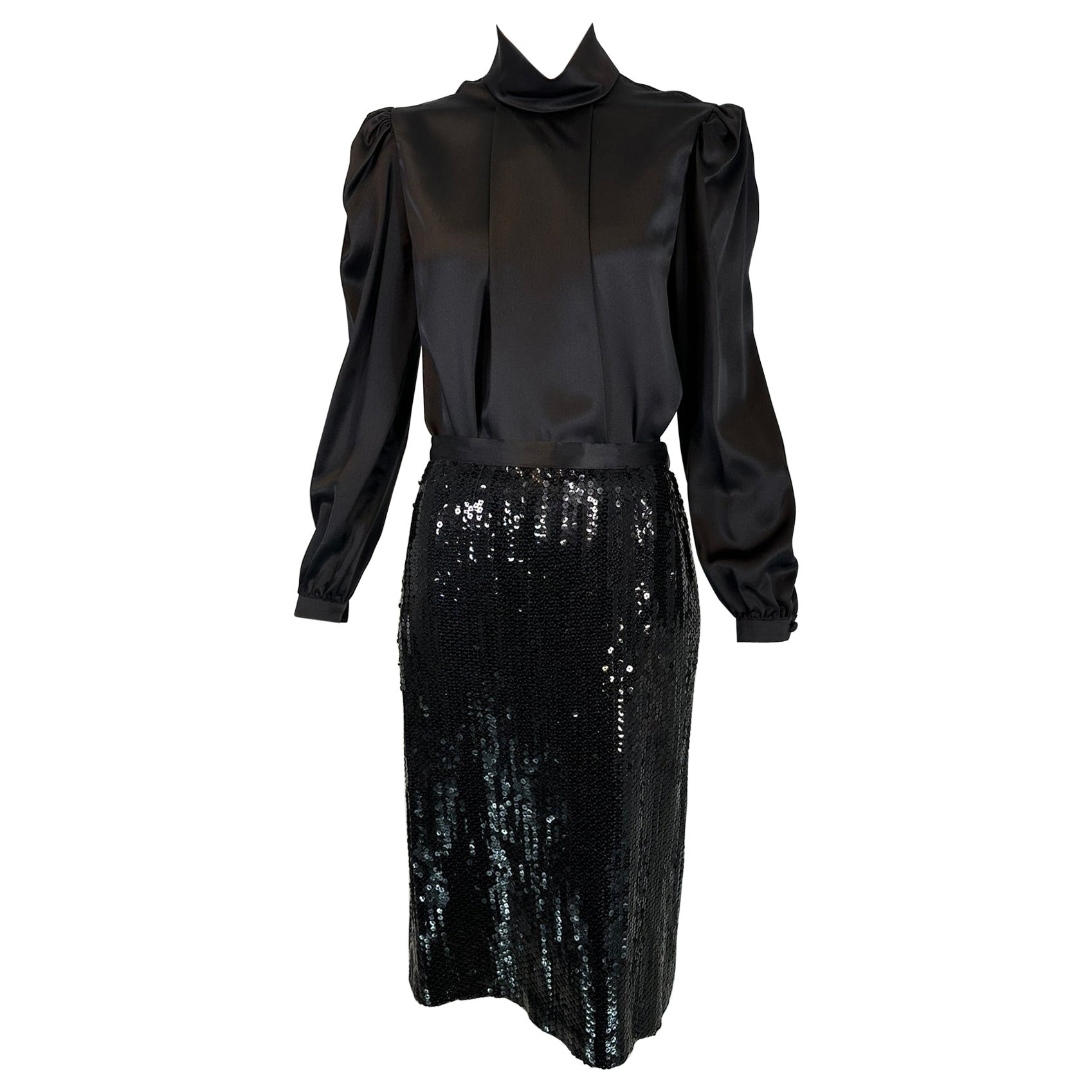 Adolfo 1980s Black Satin Poet Sleeve Blouse & Coordinating Black Sequin Skirt 4 For Sale
