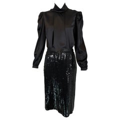 Adolfo 1980s Black Satin Poet Sleeve Blouse & Coordinating Black Sequin Skirt 4