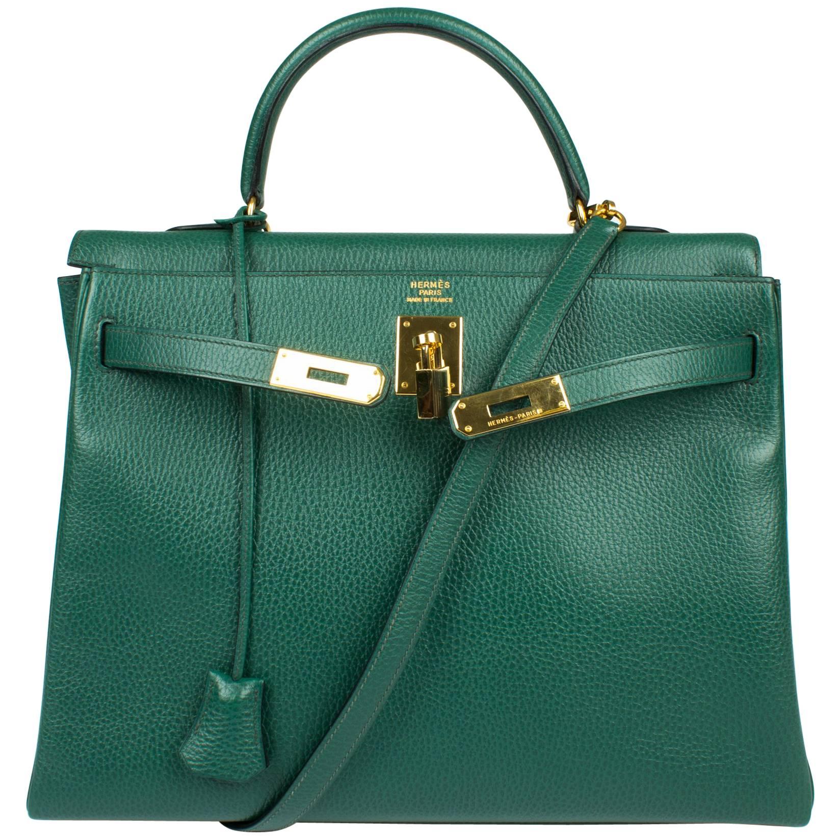 Hermès Kelly Bag 35 Clemence Leather - Emerald Green at 1stDibs | green ...