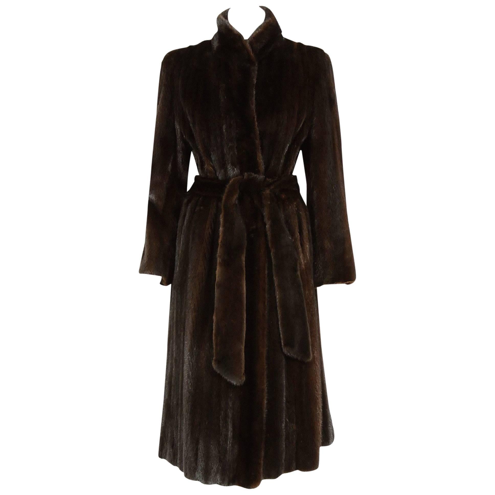 1970's Bill Blass Couture Dark-Brown Mink Fur Belted Russian Princess Coat 