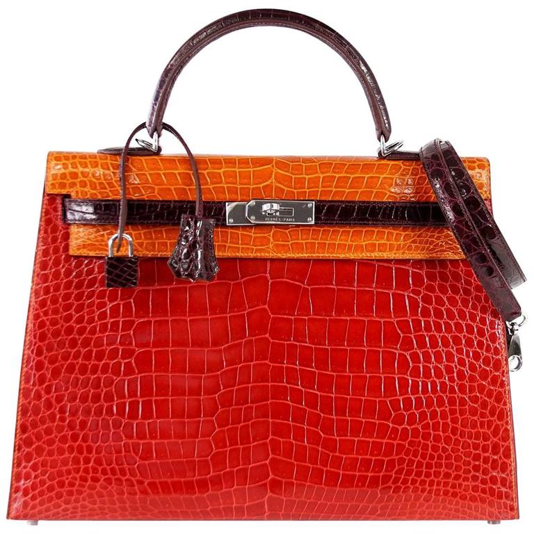 HERMES Kelly 35 Bag Tri Color Horseshoe Porosus Crocodile Palladium at