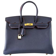HERMES BIRKIN 35 Bag Navy w/ Rouge Contour Limited Edition Epsom Gold Hardware 12