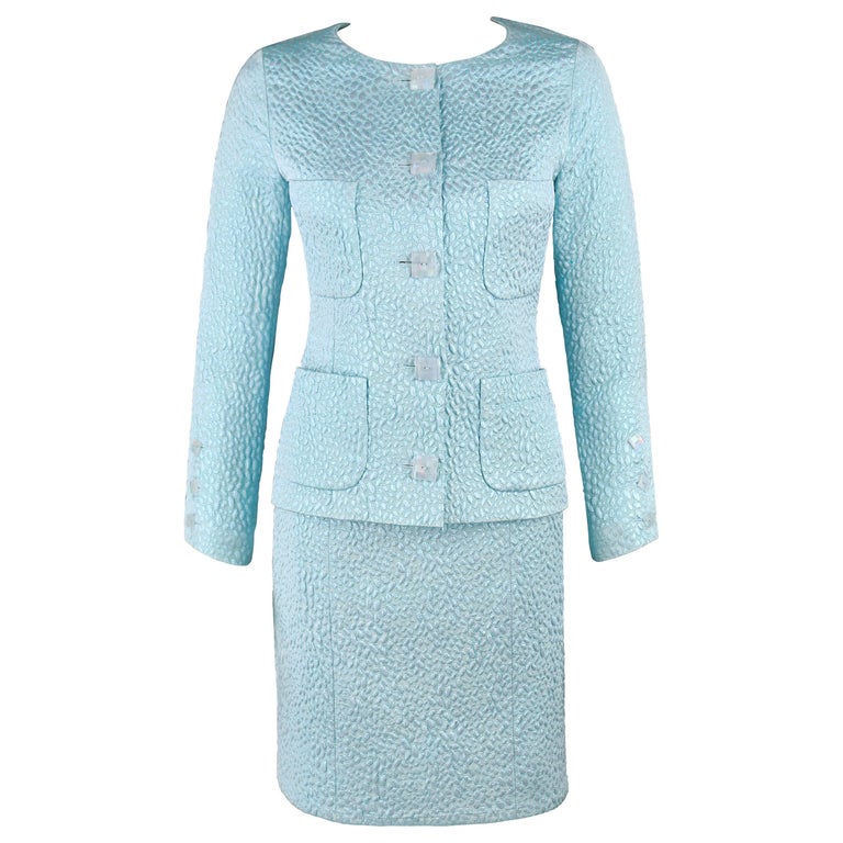 CHANEL Boutique c.1980's Light Blue Metallic Matelasse Blazer Skirt Suit at  1stDibs