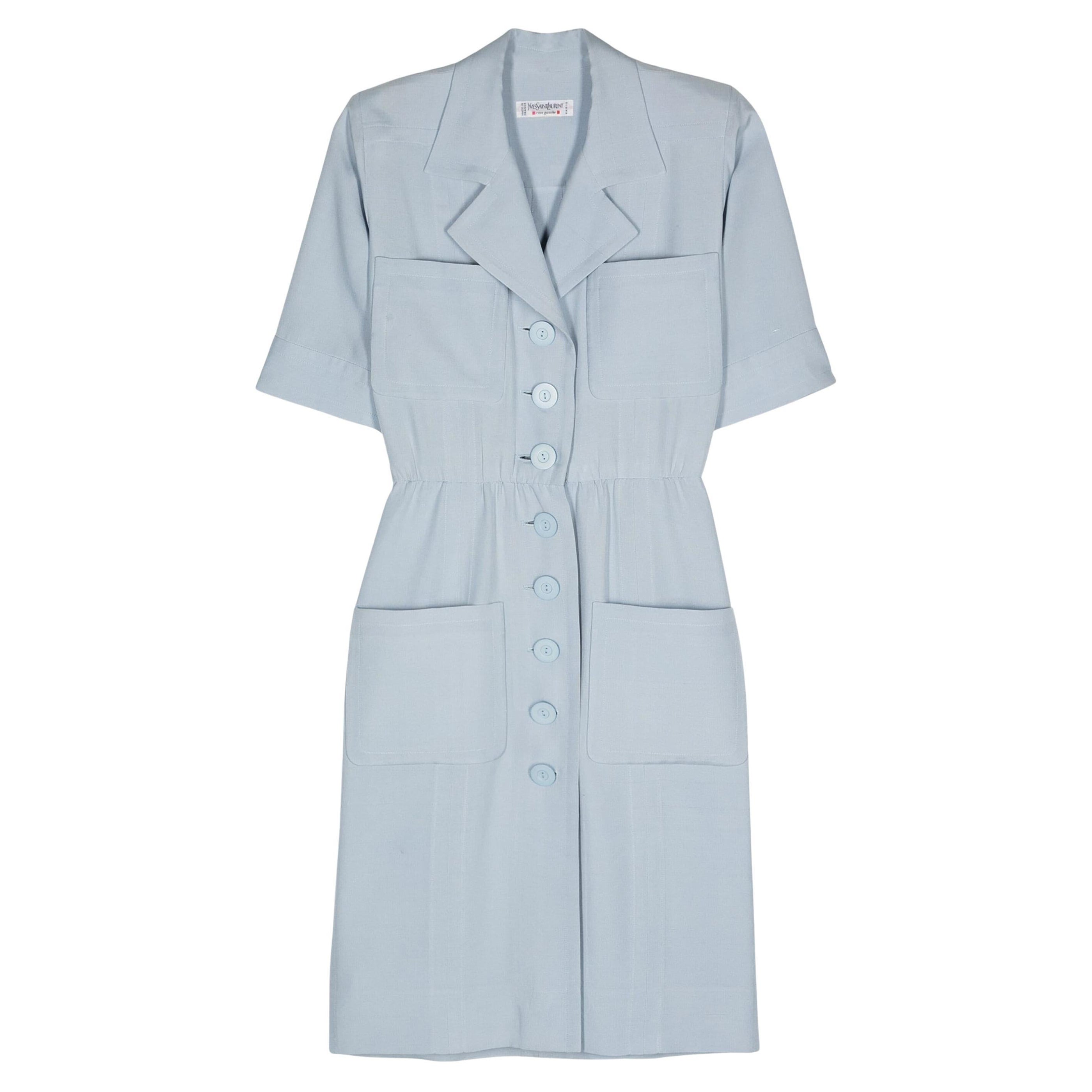 Yves Saint Laurent YSL Blue Silk Shirt Dress For Sale