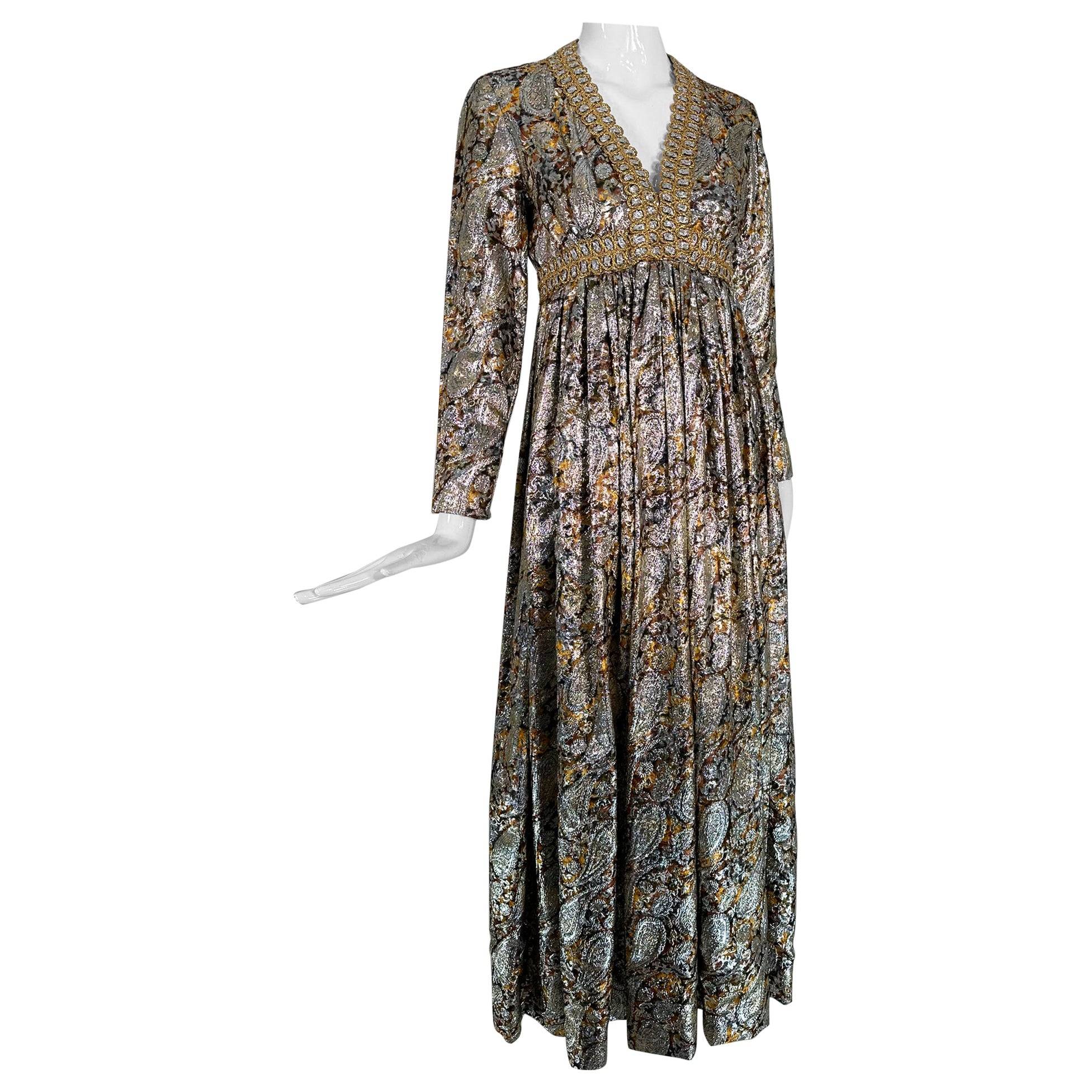 Kasper for Joan Leslie 1968 Documented Paisley Silk & Lurex Gown For Sale
