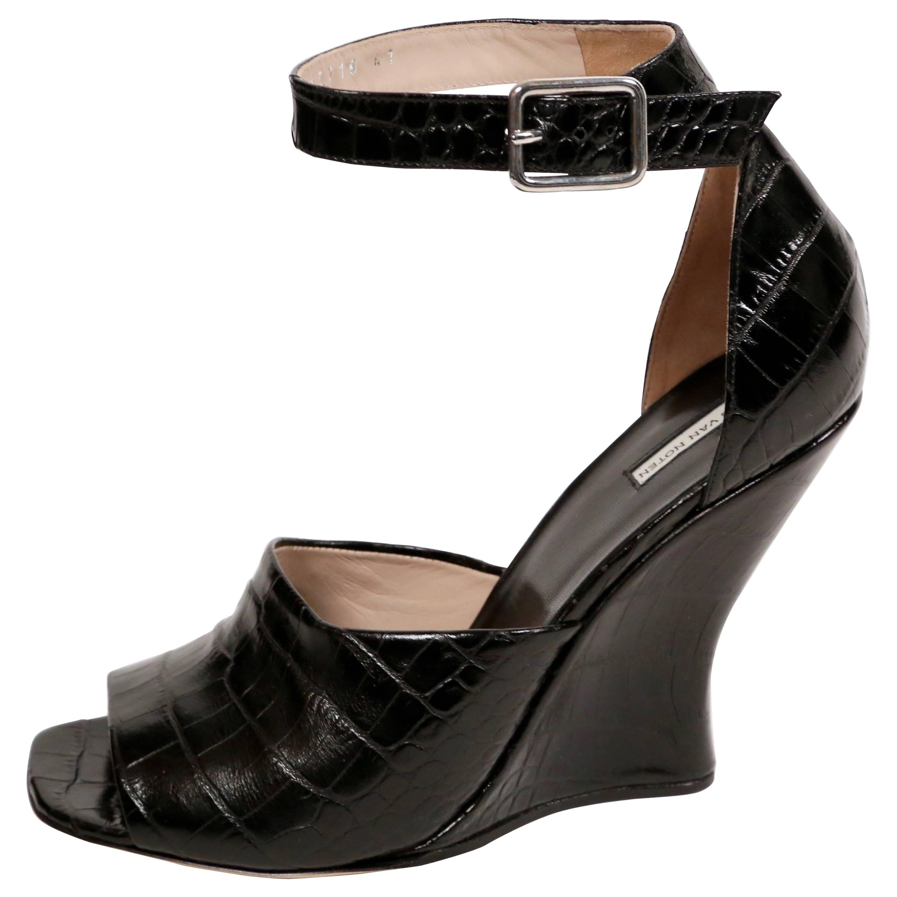 new DRIES VAN NOTEN black crocodile embossed wedge heels with ankle straps - 41