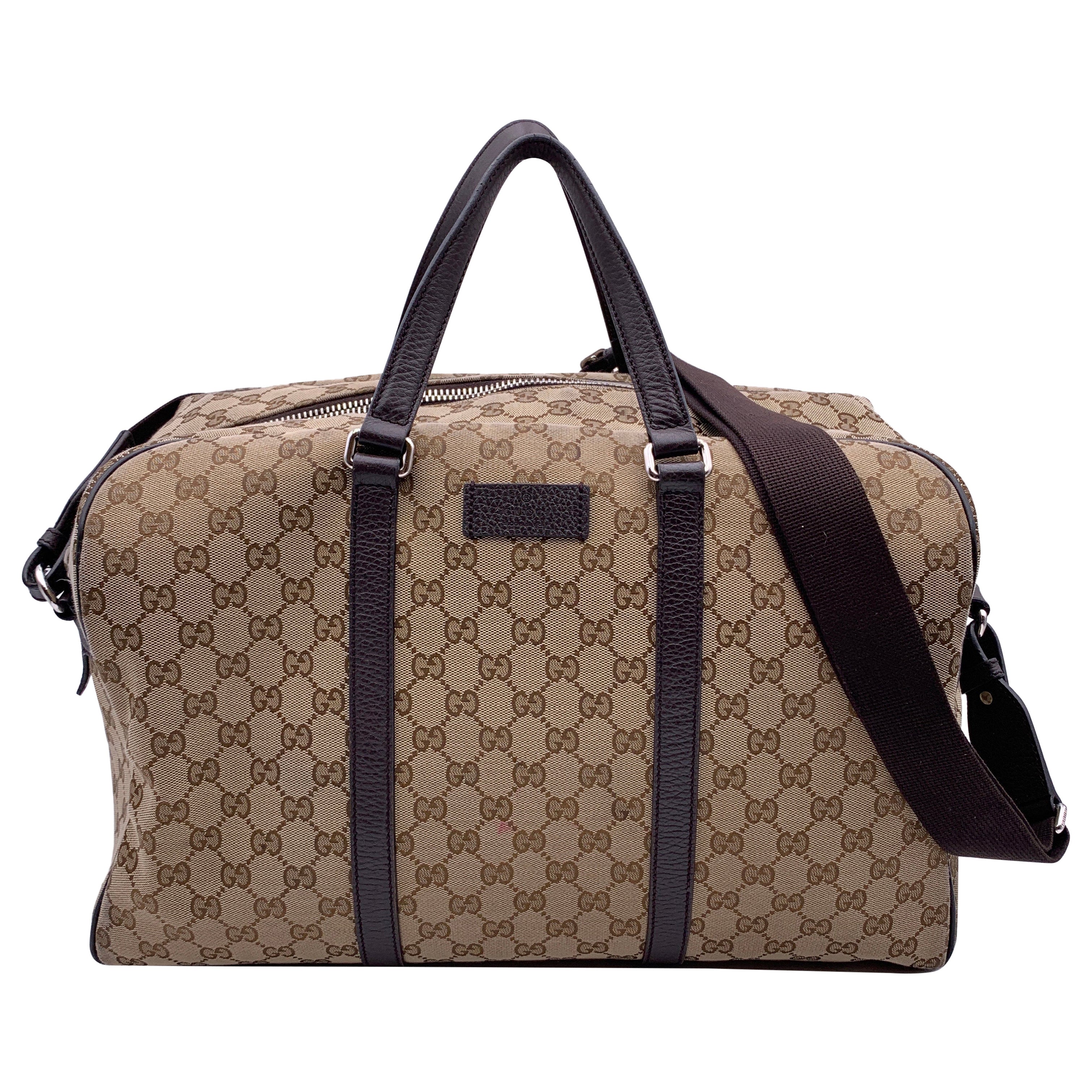 Gucci Beige Monogram Canvas Duffle Weekender Travel Bag with Strap For Sale at 1stDibs