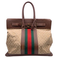 Gucci Beige Monogram Canvas Weekend Travel Bag with Stripes