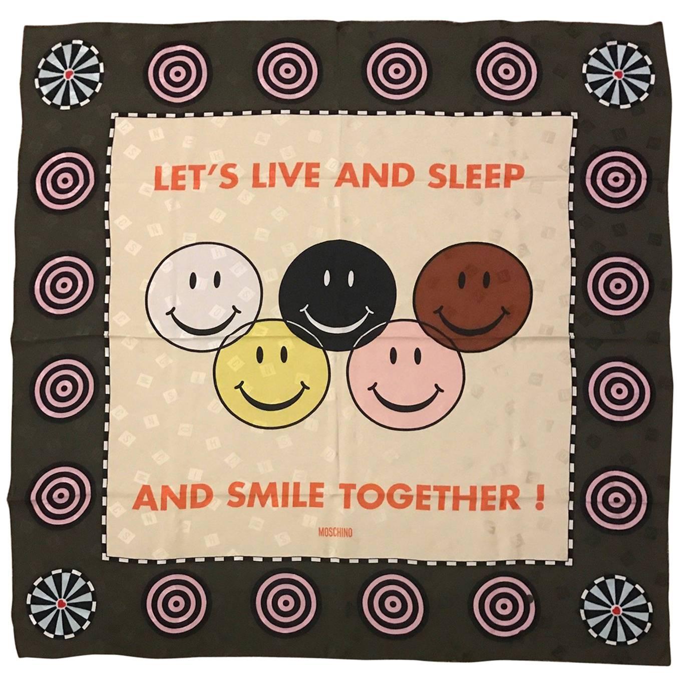 Moschino Vintage 1990s Let's Live Together Racial Harmony Smiley Face Silk Scarf
