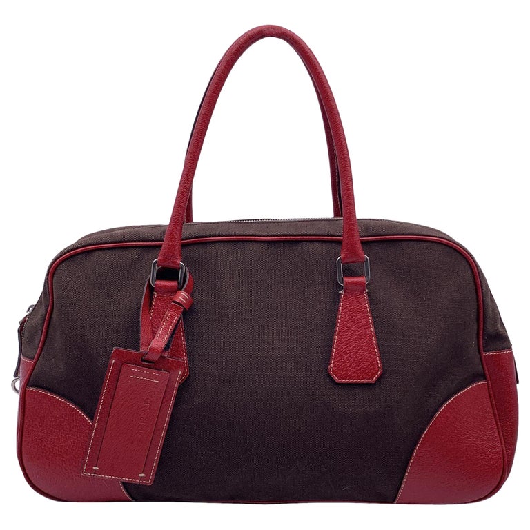 Prada Vintage Brown Canvas Red Leather Bowling Bag Satchel B10804 