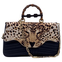 Gucci Black Leather Leopard Print Calf Hair Bamboo Top Handle Bag
