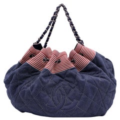 Chanel Blue Denim Coco Cabas GM Red Stripes Chain Drawstring Tote Bag