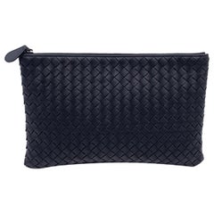 Bottega Veneta Black Intrecciato Woven Leather Clutch Pochette Bag