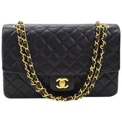 Vintage Chanel 10" Tall Flap Black Quilted Leather Shoulder Bag + Wallet