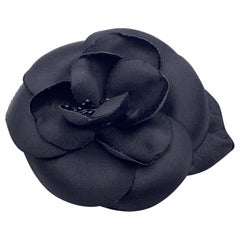 Chanel Vintage Black Satin Flower Brooch Pin Camelia Camellia