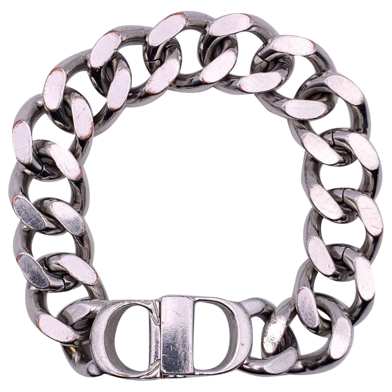 Christian Dior Silver Metal Cuban Chain Link CD Logo Christian Dior Silver Metal Cuban Chain Link CD Logo