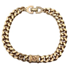 Christian Dior Vintage Gold Metal Cuban Chain Link Logo Bracelet