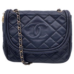 Chanel Vintage Dark Blue Quilted Leather Logo Tassel Shoulder Bag