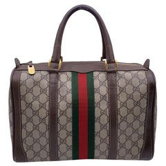 Gucci Vintage Brown Monogram Canvas and Leather Web Boston Bag
