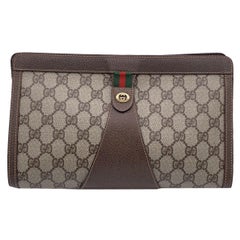 Gucci Vintage Beige Monogram Canvas Web Ribbon Cosmetic Bag Clutch