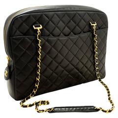 CHANEL Large Chain Shoulder Bag Leather Black Quilted Lambskin 