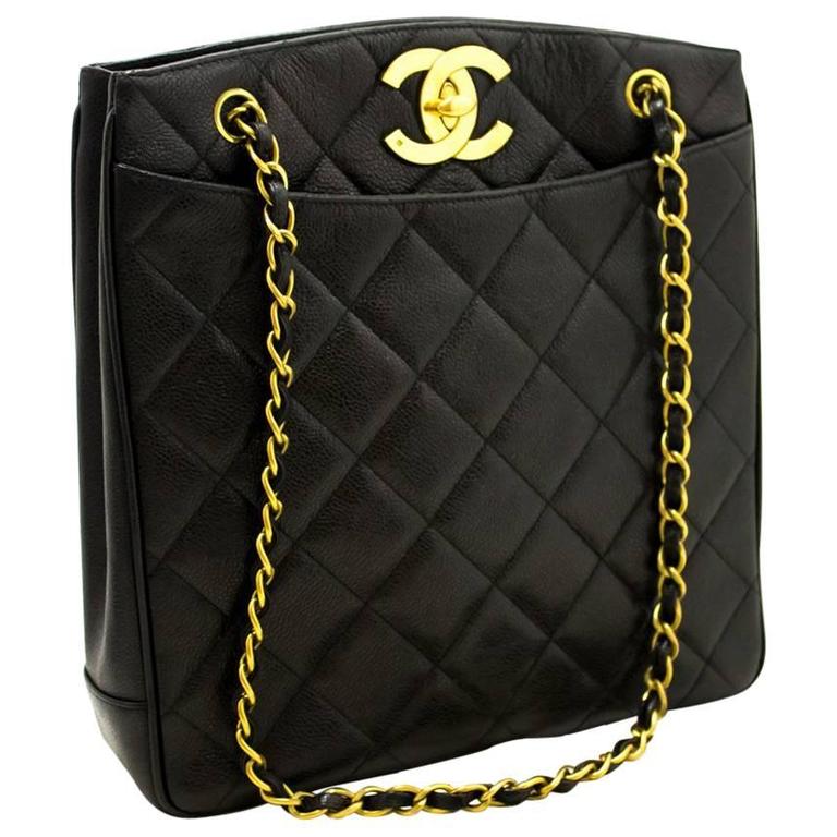CHANEL Caviar Gold Chain Shoulder Bag Black Quilted Leather CC For Sale ...