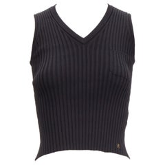 CHANEL 01A gold CC logo charm  black ribbed V neck cropped vest top FR38 M