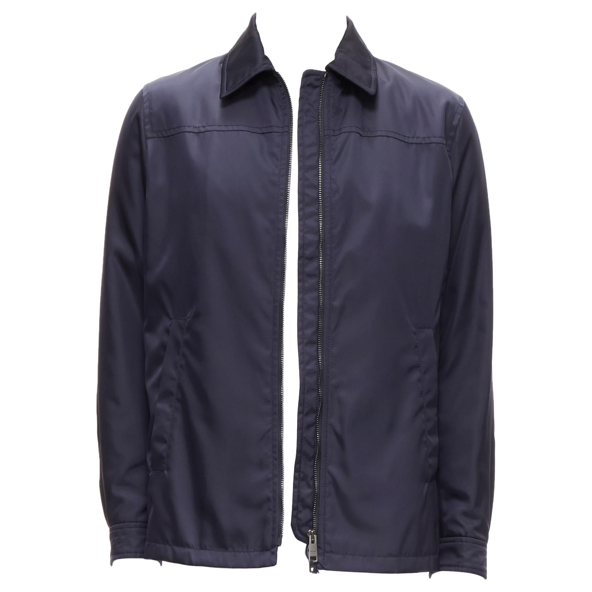 PRADA 2019 navy blue nylon zip front dual pocket minimal jacket IT46 S For Sale