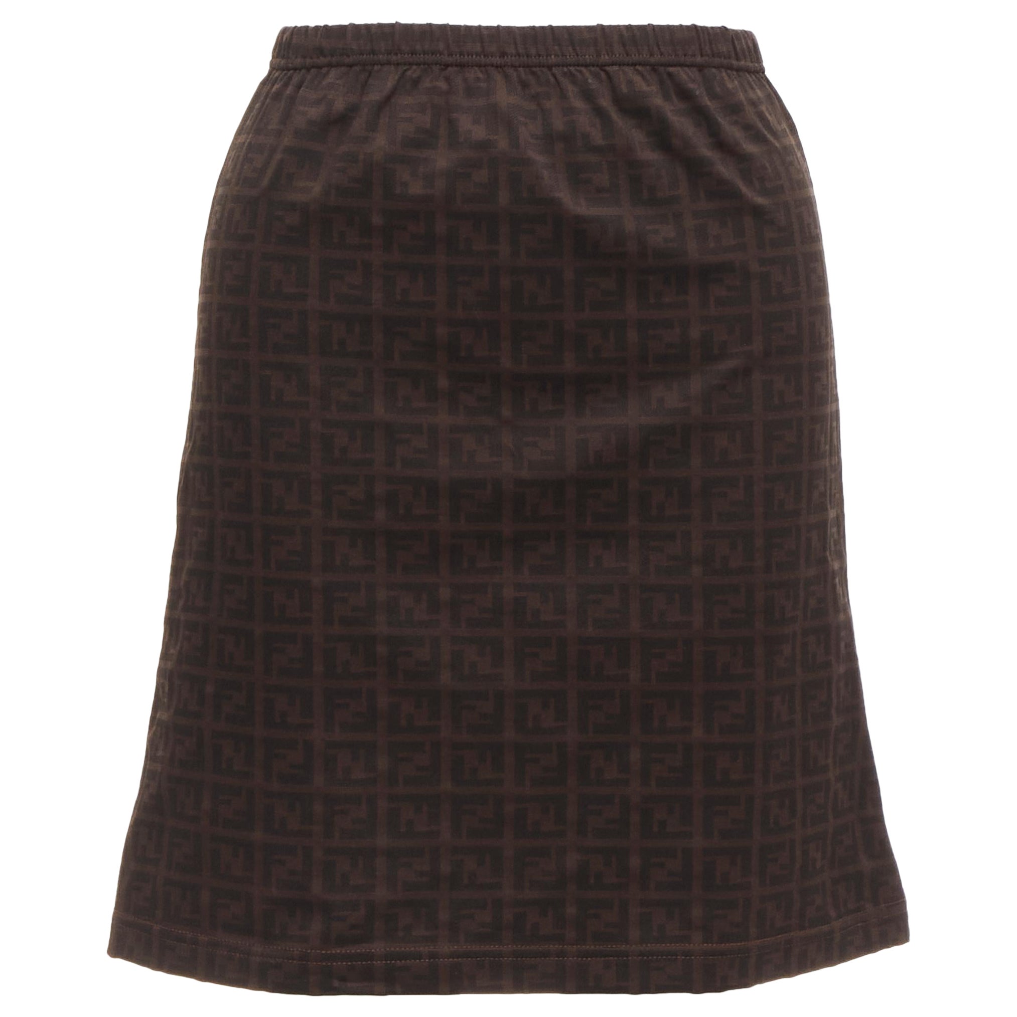 FENDI MARE Vintage brown FF Zucca logo monogram A-line skirt IT42 M For Sale